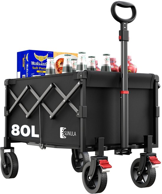 SnelShoppen - Opvouwbare Bolderkar 80L, Compact en Lichtgewicht, 100 kg Capaciteit, Inklapbare Handwagen met Remmen, Zwart, Perfect voor Camping, Tuin