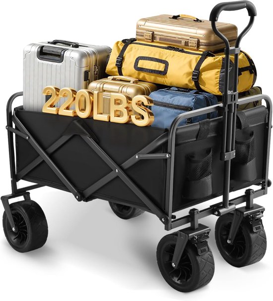SnelShoppen - Opvouwbare Bolderkar met Drankhouder 100L en 100kg Capaciteit - Ideale Transportkar en Tuinwagen voor Strand, Camping en Buitenshuis