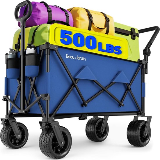 SnelShoppen - Opvouwbare Bolderkar, Strandwagen, Vouwwagen met Intrekbare Capaciteit, Handwagen voor Camping, Kinderen, Tuin, Inclusief Handgreep en C