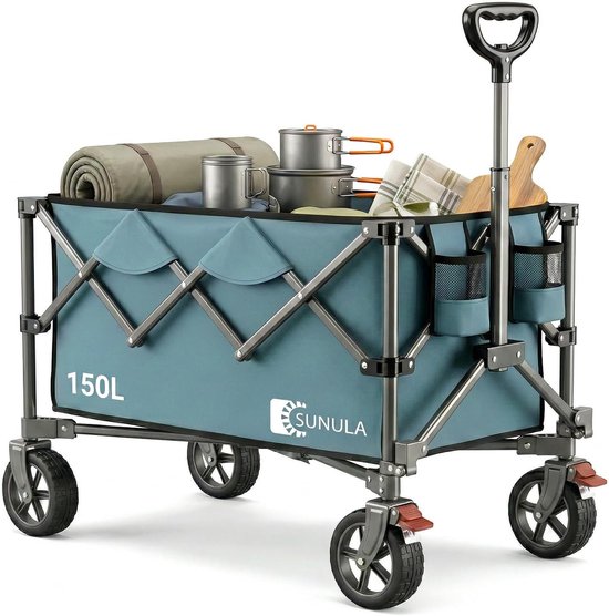 SnelShoppen - Opvouwbare Bolderkar tot 120 kg, Inklapbare Handwagen met Eén-Klik-Handgreep, 150L Groen, Off-Road Wielen met Rem, Ideaal voor Camping,