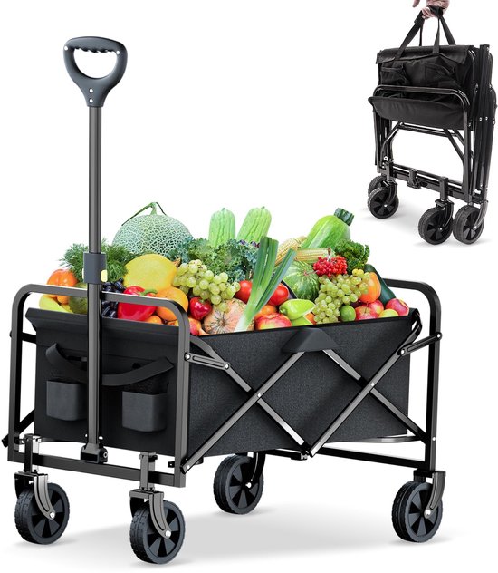 SnelShoppen - Opvouwbare Bolderkar Tuinwagen tot 120 kg, Inklapbare Handwagen met Zijvak, Verstelbare Handgreep voor Strand, Camping, Winkelen en Tran