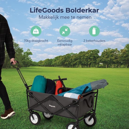 SnelShoppen - Opvouwbare Bolderkar voor Kinderen - 94L Transportwagen - Inklapbare Tuinwagen - Strandwagen tot 80kg - Grijs - 98x45cm