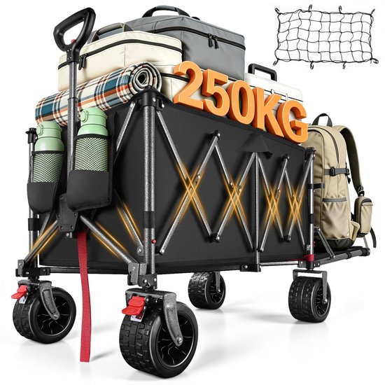 SnelShoppen - Opvouwbare Bolderkar XXL 200-300L - 250kg Draagvermogen - Dubbele Voorremmen - Uitschroefbare Achterklep - Antraciet - Perfect voor Stra van Snelshoppen
