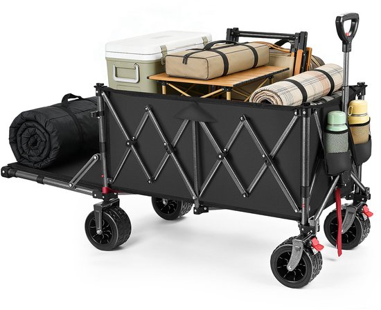 SnelShoppen - Opvouwbare Bolderkar XXL 200-300L - 250kg Draagvermogen - Dubbele Voorremmen & Uitschuifbare Achterklep - Gitzwart - Perfect voor Strand