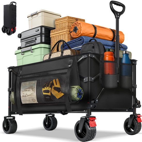 SnelShoppen - Opvouwbare Bolderwagen met 15cm All-Terrain Wielen, Robuuste Transportwagen met Zijvak en Bekerhouders, Ideaal voor Muziekfestivals, Boo