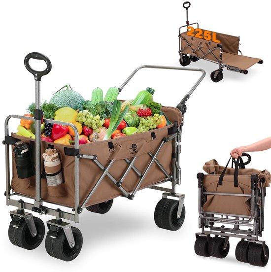 SnelShoppen - Opvouwbare Bolderwagen met Brede Wielen en Rem, 120KG Tuinwagen voor Multi-Terrein, Campingkar met Opvouwbare Achterklep voor Picknick e