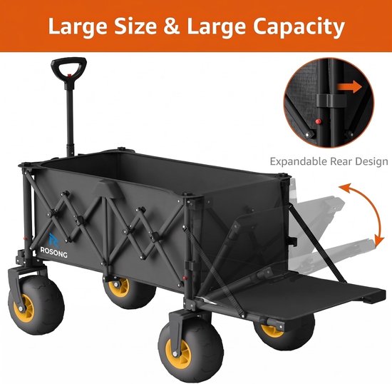 SnelShoppen - Opvouwbare Bolderwagen Strand, Inklapbare Transportwagen met Brede Banden, Zwart, Perfect voor Camping, Tuin en Familie-uitjes