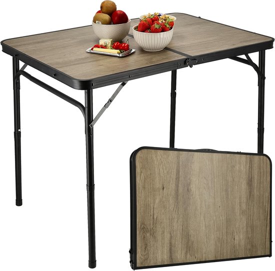 SnelShoppen - Opvouwbare Campingtafel 90 x 60 cm Houtlook – Inklapbare Klaptafel met Verstelbare Hoogte 40/70 cm voor 4 Personen, Tuin, Balkon, Pickni
