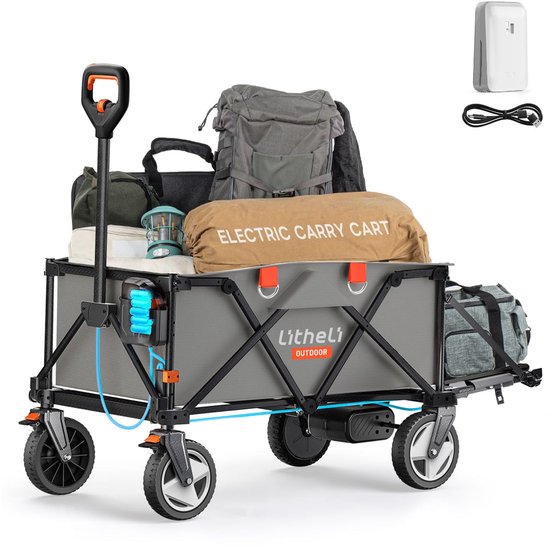 SnelShoppen - Opvouwbare elektrische bolderkar, handwagen, inklapbaar, met remmen, 200 liter, 60 kg belastbaar, grijs, ideaal voor camping, tuin, stra