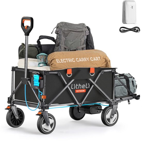 SnelShoppen - Opvouwbare elektrische bolderkar, handwagen met remmen, 200L, 60kg draagvermogen, inklapbare vouwbolderkar voor camping, tuin, winkelen