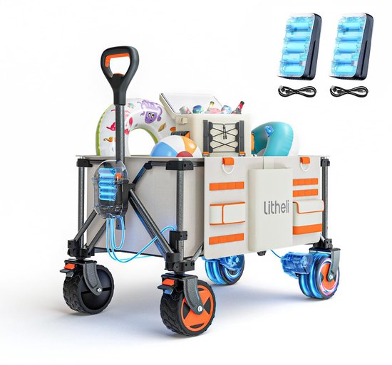 SnelShoppen - Opvouwbare Elektrische Bolderkar met Dubbele Motor en Remmen, 150 Liter, 60 kg - Beige W2 Pro met 2 Accu's - Perfect voor Camping, Tuin,