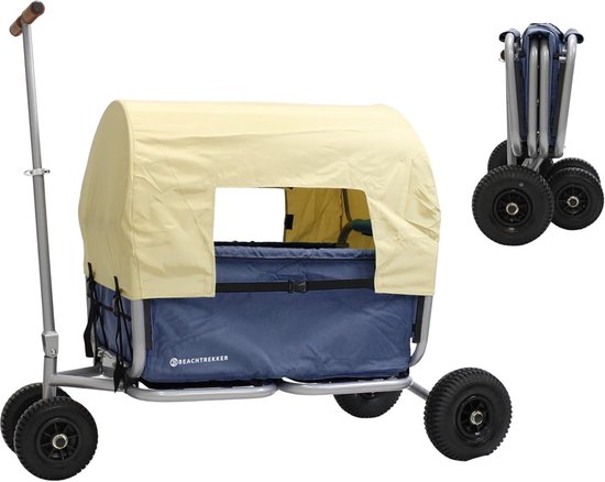 SnelShoppen - Opvouwbare Handkar met Rem + Zonnekap (Blauw, Pneumatische Banden) voor Strand, Camping, Tuin en Kinderen