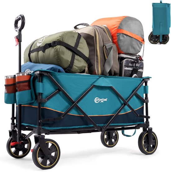 SnelShoppen - Opvouwbare Portal Bolderkar XXL met Groot Laadvlak, Belastbaar tot 120 kg, Handwagen met Bekerhouder en Zijvak, Inklapbare Transportwage