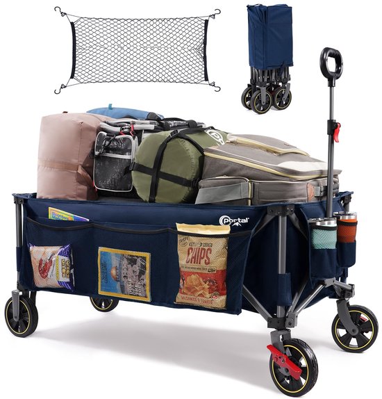 SnelShoppen - Opvouwbare Portal Bolderkar XXXL 400L - 160kg Belastbaar - Grote Handwagen met Bekerhouder en Zijvak - Ideaal voor Strand, Tuin, Camping