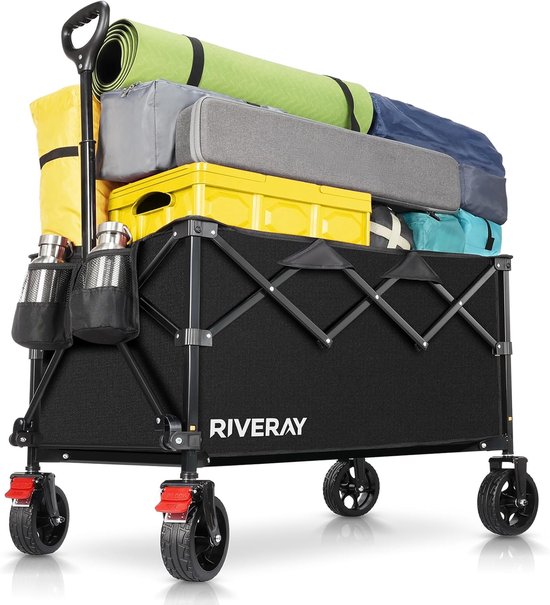 SnelShoppen - Opvouwbare Strandwagen 300L met Terugslaggreep, Grote Geremde Wielen, 2 Flessenzakken - Ideaal voor Strand, Camping en Tuin