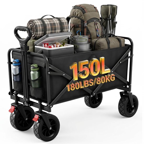 SnelShoppen - Palawano Bolderkar Opvouwbaar 150 Liter - Transportwagen met Wielen voor Camping, Festival, Strand, Tuin en Winkelen - Zware Belasting,