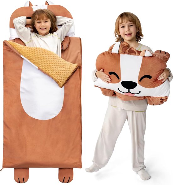 SnelShoppen - Peuter Nap Mat met Kussen en Deken - 152,4 cm x 68,6 cm - Zachte Pluche Slaapzak Bruine Hond - Ideaal voor Kinderen vanaf 3 Jaar - Voor