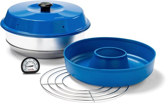 SnelShoppen - Portable Oven voor Boot - Omnia Classic 2L met Blauw Deksel, Silicone Mould, Ovenrooster en Thermometer - Ideaal voor Camping en Buitenk