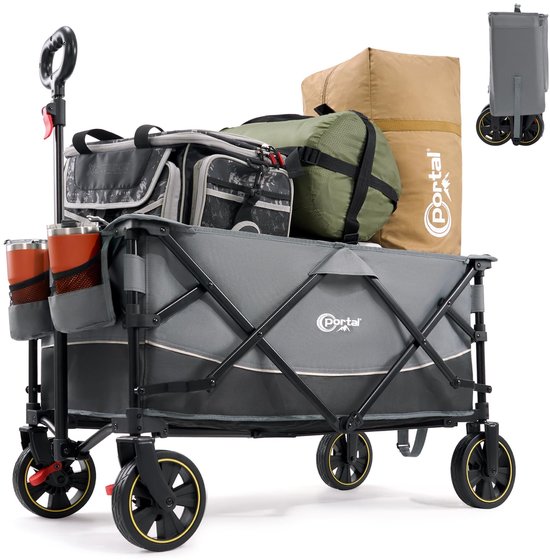 SnelShoppen - Portal Bolderkar XXL Opvouwbaar, Handwagen met Bekerhouder, Zijvak, Transportwagen voor Tuin, Camping, Strand, Belastbaar tot 120 kg, In