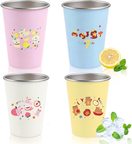 SnelShoppen - RVS Kinderbekers Set van 4 - Duurzame 350 ml Drinkbekers voor Kinderen - Roestvrijstaal, Robuust en Veilig voor Thuis, Feest, Camping en