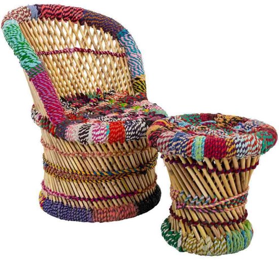 SnelShoppen - Set Stoelen en Krukken voor Kinderen - Bamboe met Kleurrijk Touw - Ideaal voor Feesten, Tuin, Camping - Leuk en Stevig Meubilair voor Ki