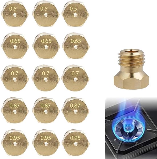 SnelShoppen - Set van 15 Universele Gas Injectoren 6MB LPG voor Gasflessen, Gasfornuis Nozzles, Diverse Maten (0.5/0.65/0.7/0.87/0.94mm) voor Camping