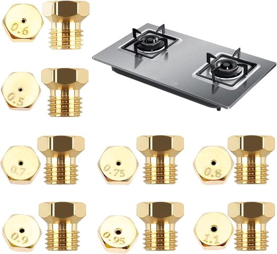 SnelShoppen - Set van 16 Stukken Propaan Gasbrander Nozzles (0.5-1.1mm) | Messing Gas Nozzles voor Propaan Branders, M6×0.75 Draad, Geschikt voor Gasf