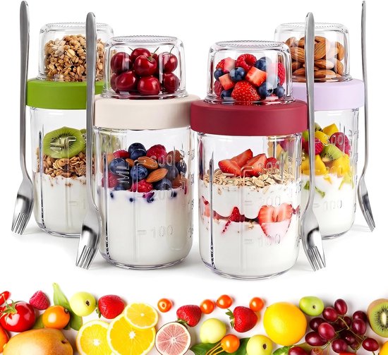 SnelShoppen - Set van 4 Mueslibekers voor Onderweg, 621 ml Dubbelwandige Yoghurtbeker met Lepel, 2-in-1 Glazen Container voor School, Kantoor, Picknic
