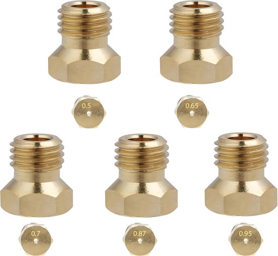 SnelShoppen - Set van 5 Butaan Gas Nozzles, Universele Injectoren van Duurzaam Messing, 0.5/0.65/0.7/0.86/0.95 mm, Gasfitting voor Hob LPG en Aardgas,