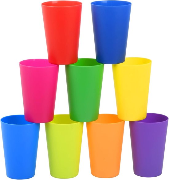 SnelShoppen - Set van 9 Kleurrijke Bekers voor Kinderen, Herbruikbare Plastic Bekers, 9 Kleuren, 160 ml, Picknick Bekers, Waterglazen van Hard Plastic