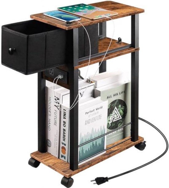 SnelShoppen - Side Table Bedside Table met Opladers, Multifunctionele Tafel op Wielen, Bruin Zwart, Ideaal voor Woonkamer en Slaapkamer