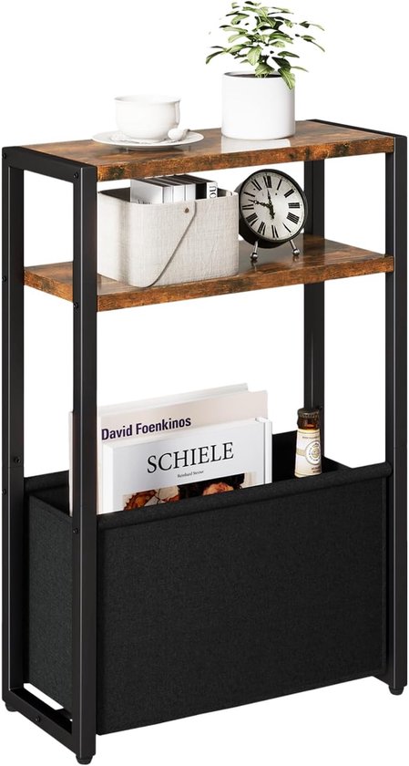 SnelShoppen - Smalle Bijzettafel met Opbergbak, 3 Laags Slimme Tafel voor Kleine Ruimtes, Industrieel Ontwerp, Retro Bruin, Ideaal voor Woonkamer, Sla