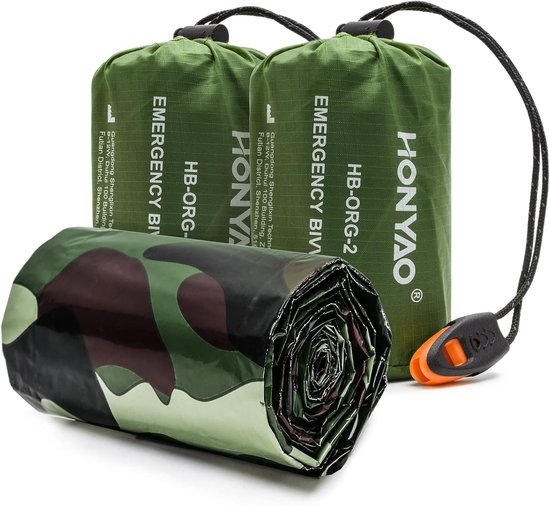 SnelShoppen - Survival-slaapzak met Signaalfluitje, Herbruikbare Nooddeken, Reddingsdeken, Superlicht en Warmtebehoud, Camouflage voor Outdoor, Kamper