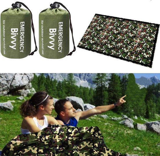 SnelShoppen - Survival Slaapzak voor 2 Persoon met Balaclava en Extra Grote Nooddeken - Herbruikbaar voor Camping en Hiking - 2 Pack