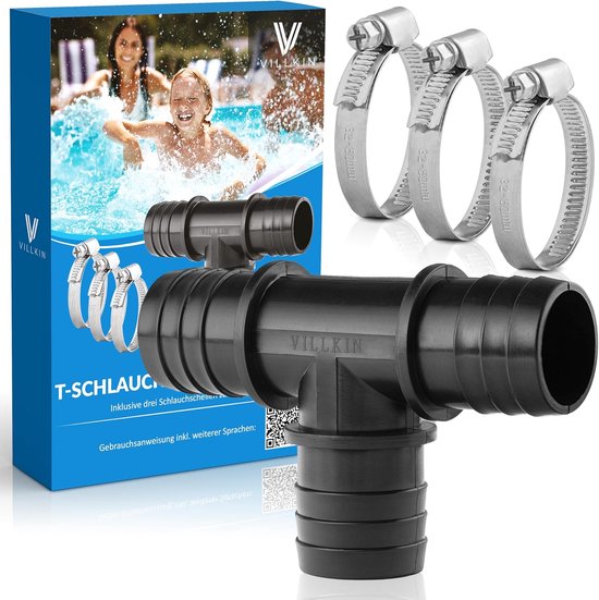 SnelShoppen - T-stuk slangverbinder 32 mm - Complete set met 3 slangklemmen - Zwart - Perfect voor zwembadslangen - Eenvoudige installatie