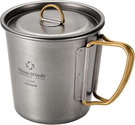 SnelShoppen - Titanium outdoor mok 250 ml, lichtgewicht campingbeker met deksel en klapgrepen, ideale koffiemok voor kamperen, wandelen, trekking, pic