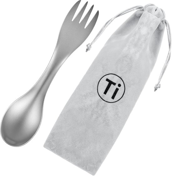 SnelShoppen - Titanium Spork met Kleine Tas - 2-in-1 Vork en Lepel Combo - Ultra Lichtgewicht Metalen Campinglepel - Herbruikbaar Kampeergereedschap v