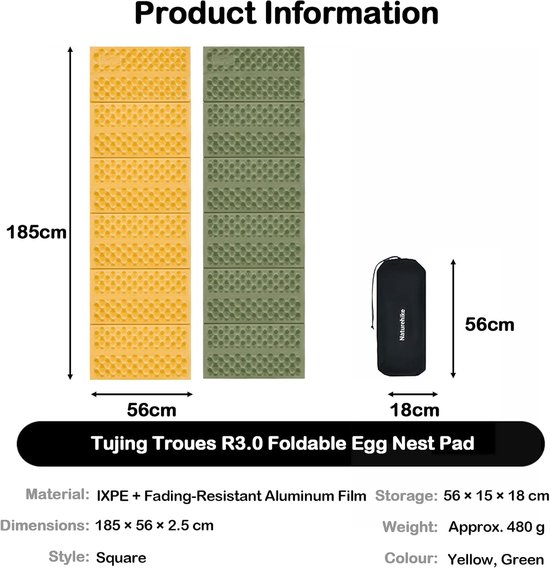 SnelShoppen - Ultralight Campingmat R-Value 3.0, Vouwbare Slaapmat, 480 g, IXPE, 2.5 cm Dikte, Ondersteuning tot -5 °C, Lichtgewicht en Vochtbestendig