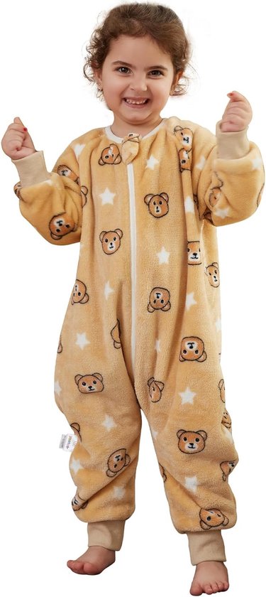 SnelShoppen - Unisex Flannel Langarm Slaapzak met Benen Drievoudige Rits Bruin, 4-5 Jaar, Ideaal voor Kinderen, Comfortabel en Warm voor Thuis en Buit