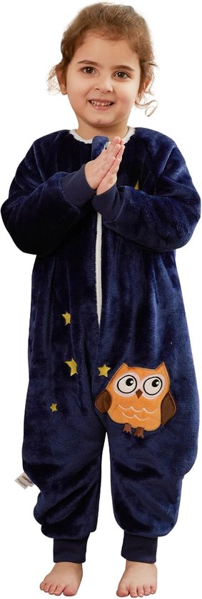 SnelShoppen - Unisex Flannel Langarm Slaapzak met Voeten, Drievoudige Rits, Blauw Uil, 3-4 Jaar, Warm en Comfortabel voor Kinderen