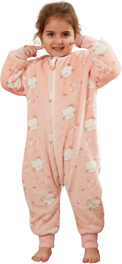 SnelShoppen - Unisex Flannel Lange Mouw Slaapzak met Voeten, Drievoudige Rits, Roze Kat, 5-6 Jaar, Ideaal voor Kinderen, Comfortabel en Warm, Perfect