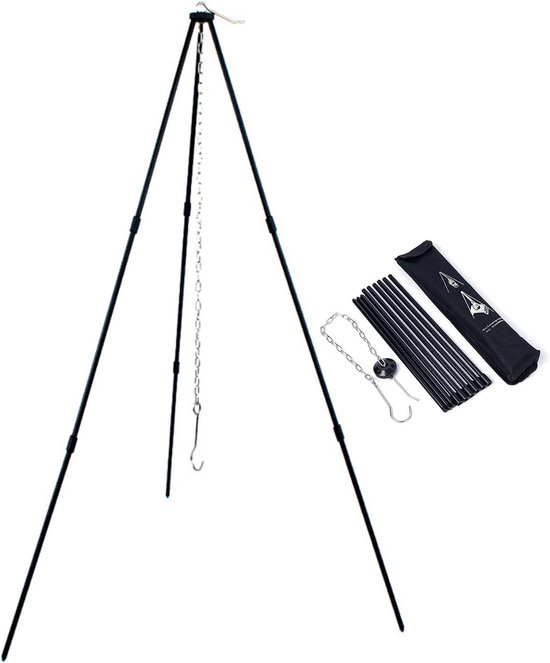 SnelShoppen - Vouwbare Campfire Kook Tripod - Aluminium Legering Tripod Camping Accessoires met Ketting en Draagtas - Ideaal voor Buiten Camping (Zwar