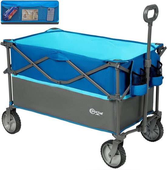 SnelShoppen - Vouwbare Handkar 225L XXL Met 120kg Laadcapaciteit - Handtrolley met Bekerhouder, Zijvak en Ideaal voor Camping, Tuin, Strand en Meer