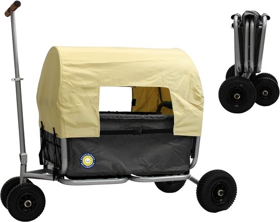 SnelShoppen - Vouwbare Handkar met Parkeerrem en Zonnekap, Robuuste Metalen Constructie, Ruime Opbergruimte, Zwarte Rubber/PU Banden voor Strand, Camp van Snelshoppen