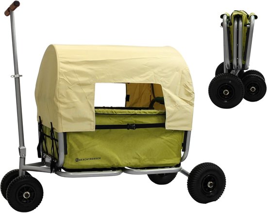 SnelShoppen - Vouwbare Handkar met Rem en Zonnekap, Opvouwbare Tuinkar, Handwagentje met Luchtbanden, Olive, Ideaal voor Strand, Camping, Tuin, Feest