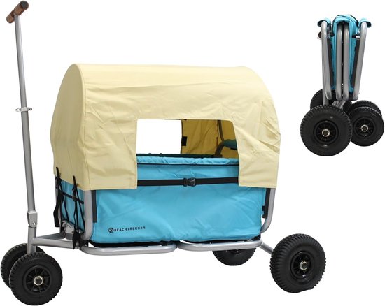 SnelShoppen - Vouwbare Handkar met Rem + Zonnenscherm (Lichtblauw, PU Banden) voor Strand, Camping, Tuin en Uitjes met Kinderen