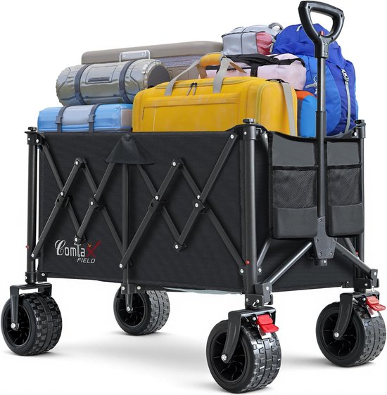 SnelShoppen - Vouwbare Strandkar 200L - Stevige Transportwagen met Brede Wielen en Remmen - Zwart - Ideaal voor Camping en Outdoor Gebruik