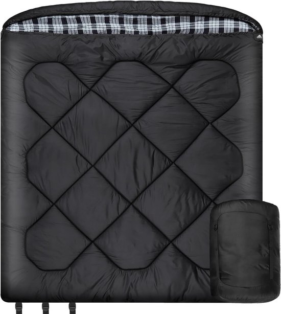 SnelShoppen - Winter 0 graden dubbele slaapzak, brede queensize 2-persoons slaapzak met 100% katoenen flanellen voering, warm en waterdicht voor kampe