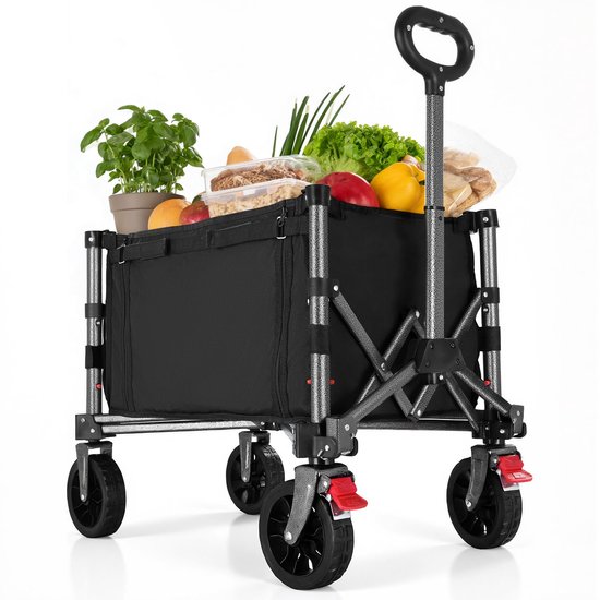 SnelShoppen - YEAUPE PRO Opvouwbare Bolderkar 100 kg - Strandwagen met Zijzak, Bekerhouder, Verstelbare Handgreep voor Strand, Camping, Tuin en Alle T
