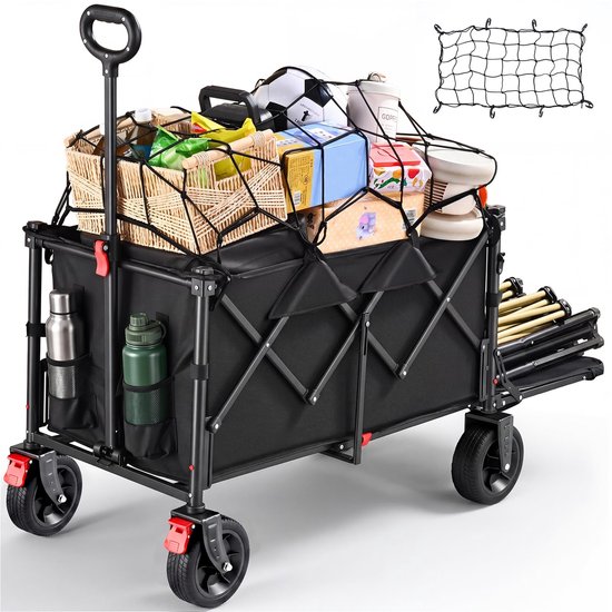 SnelShoppen - YEAUPE PRO XXL Bolderkar Opvouwbaar - 160-240L, 200kg Draagvermogen, Pikzwart met Elastisch Beschermnet en Uitschuifbare Achterklep - Pe